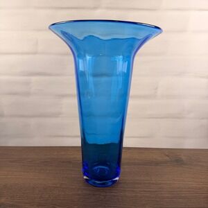 Blenko 9314S Azure Blue Glass Flared Vase Vintage 1990s